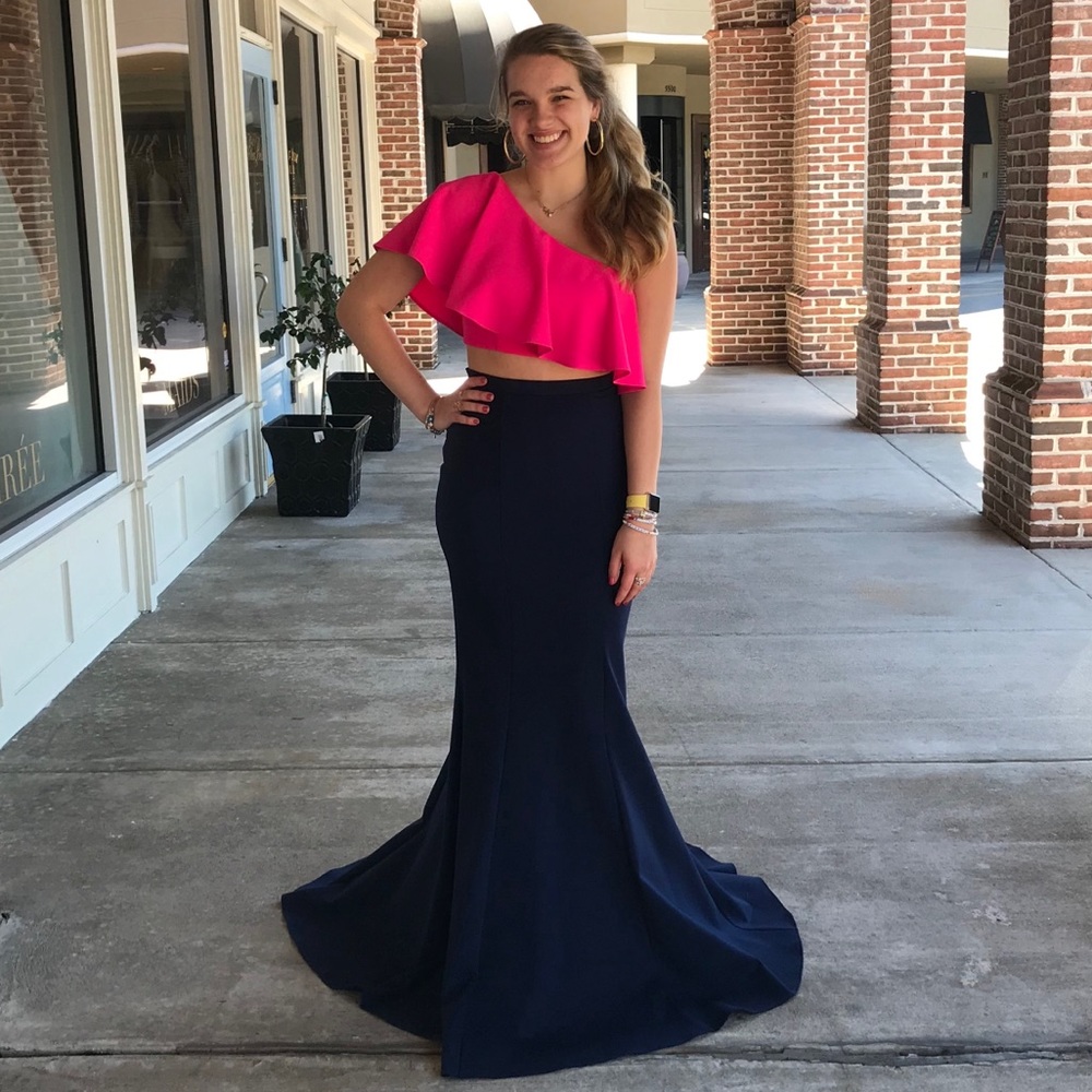 Pink and navy two piece formal dress